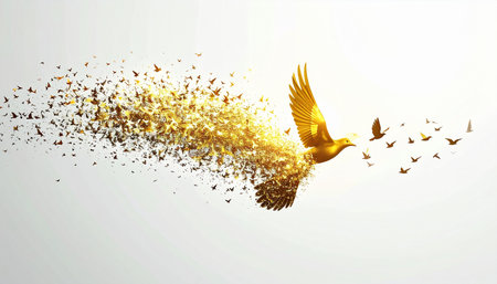 A magnificent golden eagle soars through the sky, its form dissolving into a flock of countless smaller birds. This powerful abstract illustration symbolizes transformation, leadership, and the concept of one becoming many. It represents freedom, release, and the beauty of collective change and new beginnings.の素材