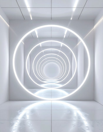 A journey through a minimalist, high-tech space. Concentric circles of brilliant white light form a tunnel, creating a powerful visual of progress, speed, and entering a new dimension or virtual reality.の素材