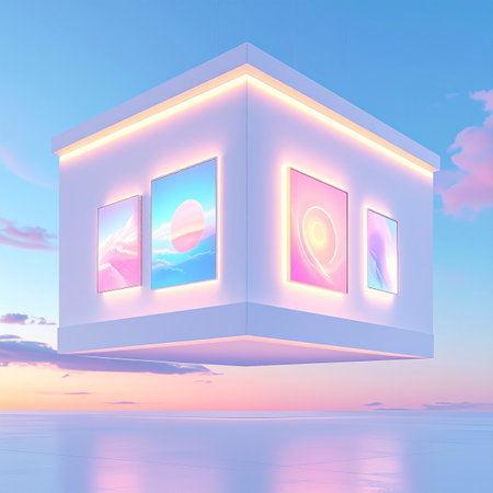 A minimalist gallery floats serenely in a pastel-hued sky, its neon lights glowing against the soft clouds of dawn. This tranquil vision represents the future of digital art, NFTs, and creative exhibitions within the virtual metaverse.の素材