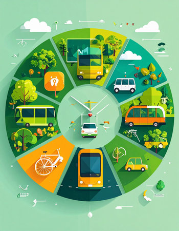An illustrative diagram showcases a day in a smart, green city where sustainable public transportation is seamlessly integrated into daily life. Various eco-friendly options like buses, vans, and bicycles operate on a precise schedule, connecting communities and promoting a clean, efficient, and environmentally conscious urban lifestyle.の素材