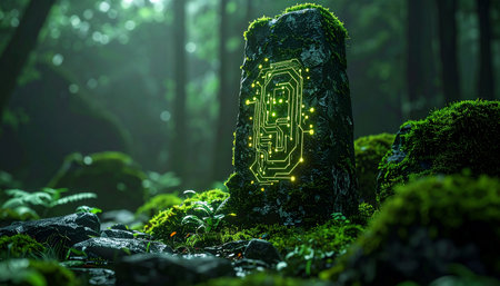 Deep within a mist-shrouded forest, a moss-covered monolith stands as a forgotten relic. Its surface comes alive with a network of glowing green circuits, a mysterious fusion of advanced technology and primordial nature, hinting at a lost civilization.の素材