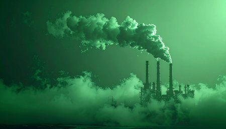 Under a sickly green sky, industrial smokestacks relentlessly pump thick plumes of smoke into the atmosphere. The scene captures a powerful and ominous vision of industrial pollution, symbolizing the urgent environmental challenges of climate change and global warming.の素材