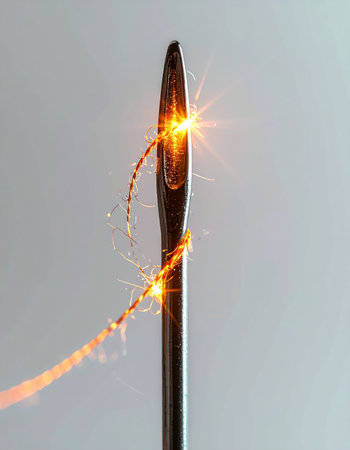 A single, luminous thread, glowing with the energy of a new idea, is precisely guided through the eye of a needle. This macro shot symbolizes a moment of breakthrough, connection, and the successful navigation of a complex challenge.の素材