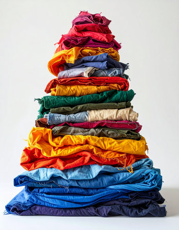 A vibrant mountain of clothing reaches towards the sky, representing a massive closet clear-out. Each colorful layer is ready for a new life through donation or recycling, symbolizing sustainability and conscious consumerism.の素材