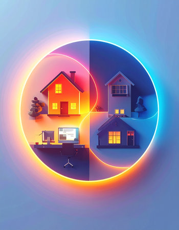 A conceptual illustration showcasing the seamless integration of smart home technology throughout a 24-hour cycle. The glowing ring represents the continuous flow of energy and data, balancing work and life, day and night, within a modern, automated, and connected living environment.の素材