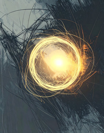 A brilliant golden orb of pure energy bursts forth from a chaotic, dark void. Swirling lines of light and shadow dance around a central core, suggesting the birth of a star, a technological singularity, or a mystical event. This dynamic and intense image evokes themes of creation, power, and unknown possibilities.の素材