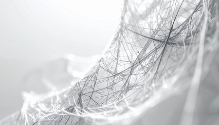 An intricate web of digital lines flows across a clean white background, representing the complex and interconnected nature of modern data, communication, and neural networks. This abstract visual evokes a sense of futuristic innovation and the elegant chaos of information systems.の素材
