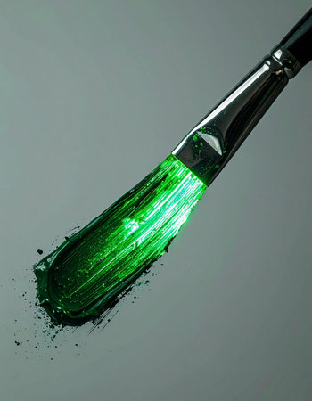 A close-up macro shot captures the vibrant texture of a single, deliberate stroke of emerald green paint being applied by an artists brush onto a neutral grey surface, symbolizing a moment of creation and fresh beginnings.の素材