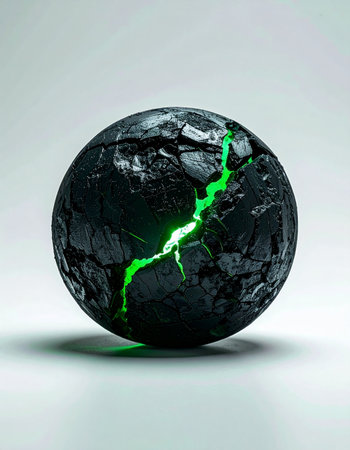 From the depths of a cracked, stone-like orb, a vibrant green light escapes, hinting at the immense power contained within. This visual represents a core concept, a powerful breakthrough, or the volatile energy of creation and destruction held in a delicate balance.の素材