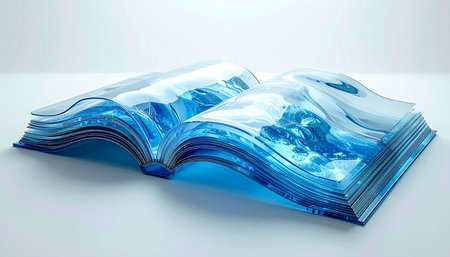 An open book made of crystalline blue glass reveals a sculpted landscape of ocean waves and mountains within its pages. This conceptual artwork symbolizes the deep, flowing narratives of nature, the power of storytelling, and the fusion of knowledge with the natural world. A serene and imaginative visual for themes of creativity, environment, and inspiration.の素材