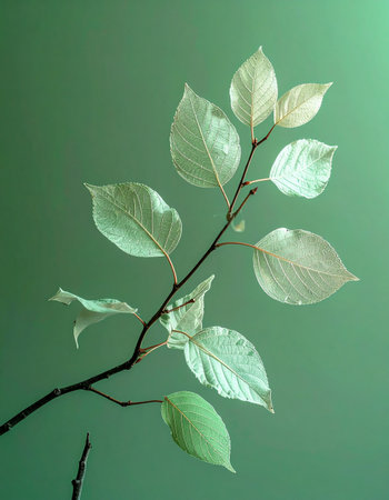 A single, elegant branch reaches across a serene, muted green canvas. Its delicate, almost translucent leaves capture the soft light, creating a moment of quiet beauty and minimalist tranquility. This image evokes a sense of peace, simplicity, and the subtle artistry found in nature.の素材