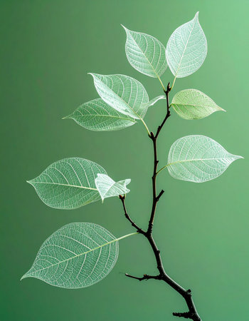 A delicate branch displays its translucent, ethereal leaves against a serene green backdrop. Each leaf, like a delicate x-ray, reveals the intricate network of its veins, symbolizing clarity, fragility, and the quiet, underlying structure of life itself. A minimalist representation of natures elegant design.の素材
