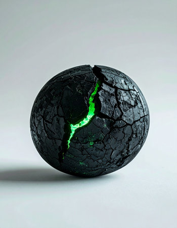 From deep within a cracked, obsidian-like orb, a vibrant green light emerges, symbolizing a powerful, otherworldly energy source being unleashed. A conceptual image representing creation, destruction, and untapped potential.の素材