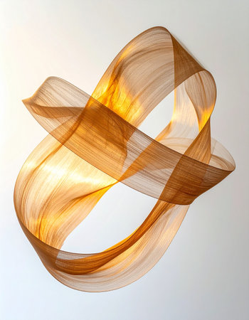 A dynamic sculpture of translucent amber ribbon twists and flows in an elegant dance of light and shadow. This abstract form evokes a sense of fluid energy, innovation, and sophisticated design, perfect for concepts of connectivity and creativity.の素材