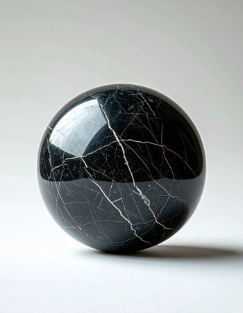 A single, polished sphere of black marble rests against a clean, light background. Its glossy surface reflects the light, highlighting the intricate network of white veins that run through it like cracks in time or cosmic lightning, evoking a sense of quiet mystery and minimalist elegance.の素材