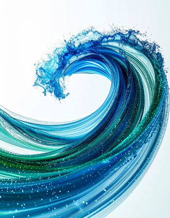 An energetic and artistic swirl of blue and green liquid captured in motion. This dynamic abstract form on a clean white background evokes a sense of freshness, clean power, and creative flow, perfect for concepts of innovation and vitality.の素材