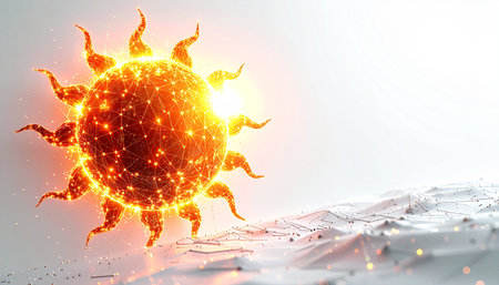 A blazing digital sun, composed of interconnected particles of light and energy, rises over a stark, abstract white landscape. This conceptual image represents the dawn of a new technological era, the immense power of fusion, or the critical issue of global warming.の素材