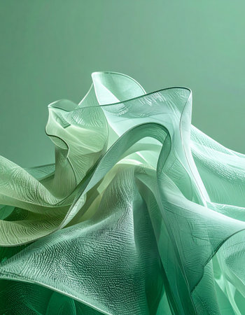 A delicate, translucent green fabric unfurls in a gentle, wave-like motion. The soft light catches its fine texture, creating an ethereal and calming visual that evokes a sense of serenity, nature, and modern elegance. Perfect for sophisticated backgrounds and wellness themes.の素材