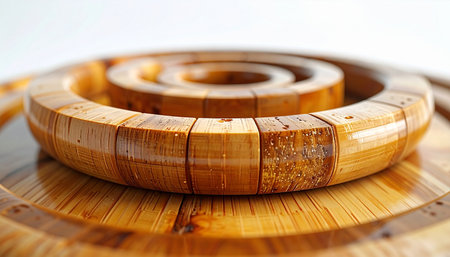 A close-up view reveals the intricate craftsmanship of a coiled wooden trivet. Each polished segment fits together perfectly, creating a warm, elegant spiral that speaks to both modern design and natural simplicity. The glossy finish highlights the beautiful wood grain, making it a functional piece of art for any tabletop.の素材