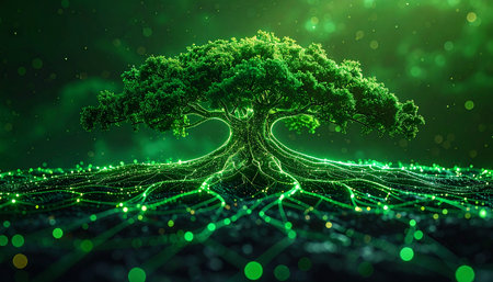 A magnificent digital tree of life stands as a central hub, its glowing roots spreading out to form a vast, interconnected network of light. This image symbolizes the fusion of nature and technology, representing concepts like sustainable innovation, global communication, and the growth of a digital ecosystem.の素材