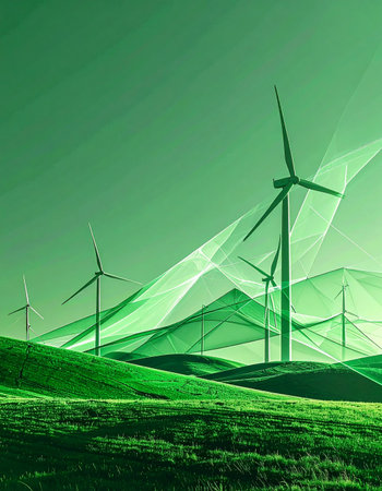 A vision of a sustainable future where technology and nature coexist in harmony. Luminous data streams flow across rolling green hills, powering a futuristic wind farm. This conceptual image represents innovation in renewable energy, environmental stewardship, and the digital transformation of our power grid.の素材