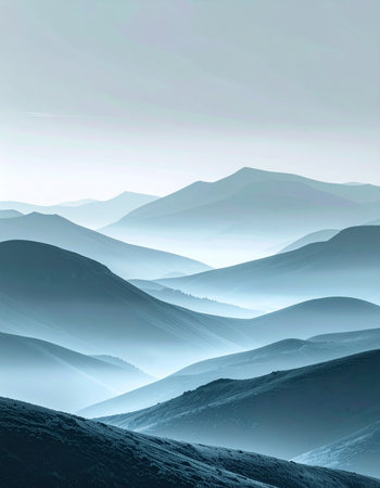 As the first light of dawn breaks, a serene and silent world is revealed. Layers of blue mountains recede into the distance, their peaks softened by a gentle morning mist, creating a tranquil and meditative scene of natural beauty and infinite possibility.の素材