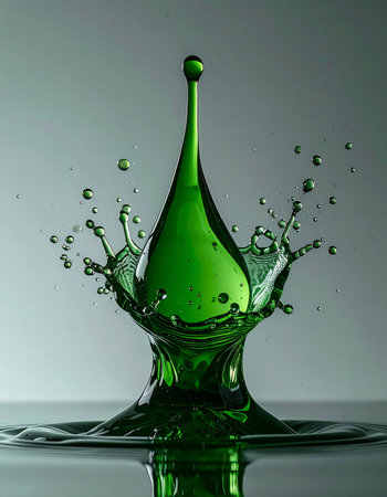 A single green droplet collides with a placid surface, erupting in a moment of perfect, frozen energy. This high-speed capture reveals a liquid sculpture, a crown-like splash celebrating the elegant physics of motion and the pure essence of vitality.の素材