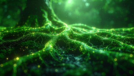 Deep within an ancient, enchanted forest, the roots of a colossal tree pulse with a vibrant green light. This mystical network is the forests lifeblood, a web of energy and information connecting every living thing, with glowing particles dancing like fireflies in the magical air.の素材