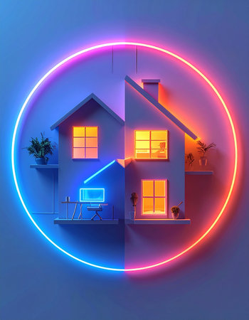 A modern home is encapsulated within a vibrant, glowing neon ring, symbolizing the fusion of technology, security, and comfort. This futuristic concept represents the smart home of tomorrow, where innovation protects and illuminates daily life.の素材