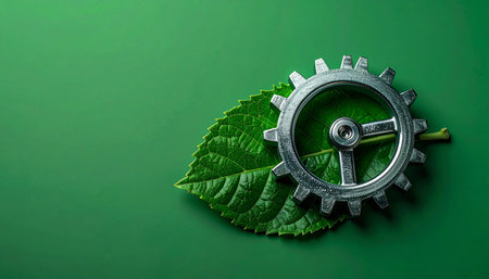 A single metal gear rests on a vibrant green leaf, symbolizing the perfect synergy between industrial innovation and environmental responsibility. This conceptual image represents the future of sustainable manufacturing, green technology, and a circular economy where nature and progress coexist in harmony.の素材