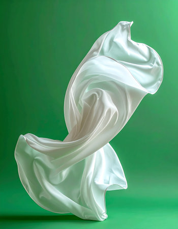 A piece of pure white satin fabric is captured in a moment of graceful flight, twisting and swirling against a vibrant green background. The dynamic folds and soft highlights create an elegant, sculptural form, suggesting freedom, purity, and effortless movement.の素材