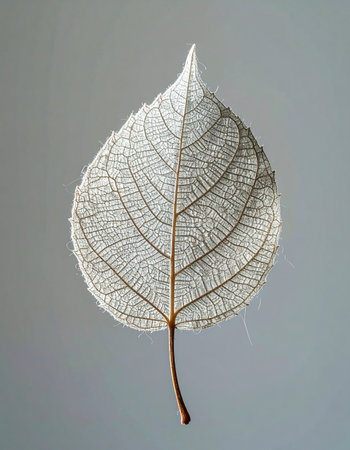 A macro photograph capturing the delicate and intricate beauty of a skeleton leaf. Its lace-like structure and detailed veins are showcased against a soft, neutral background, evoking a sense of tranquility, fragility, and the elegant cycle of life and decay.の素材