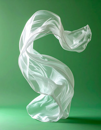 A single piece of delicate white fabric is captured mid-flight, suspended in a graceful, serpentine dance against a serene green backdrop. Its translucent quality and elegant curves evoke a sense of purity, freedom, and effortless motion, creating a minimalist and ethereal abstract composition.の素材