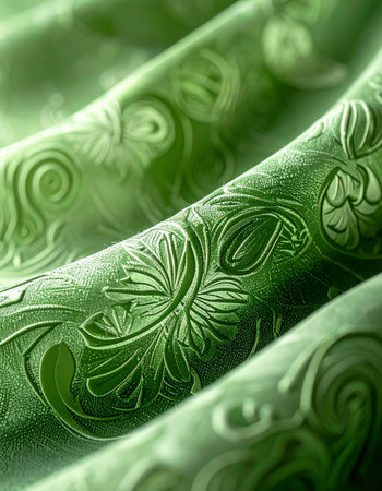 A close-up view reveals the intricate, embossed floral patterns on a luxurious green brocade fabric. Soft light plays across the rich texture and elegant folds, creating a sense of opulence and timeless sophistication perfect for high-end design projects.の素材