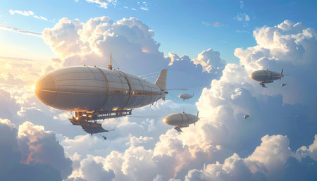 A magnificent fleet of airships embarks on a grand voyage, navigating a sea of sun-kissed clouds. This scene captures the spirit of adventure, discovery, and the dawn of a new era of exploration, blending vintage technology with a fantastical dreamscape.の素材