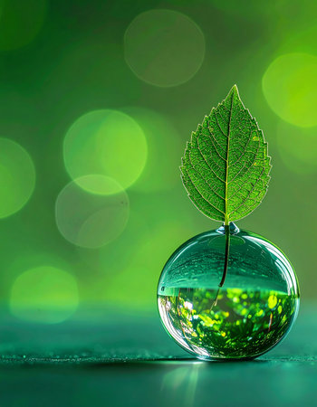 A single, vibrant green leaf stands perfectly preserved within a crystal sphere, a microcosm of natures purity and fragility. Set against a soft, glowing bokeh background, this image symbolizes environmental protection, sustainable innovation, and the hopeful promise of a clean, green future.の素材