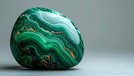 A beautifully polished malachite gemstone rests in a serene setting, its deep green surface swirling with intricate natural bands. The stones glossy finish catches the light, revealing a mesmerizing pattern that speaks of ancient earth energy, healing, and natural luxury. This minimalist composition provides ample copy space for wellness, geology, or jewelry-related concepts.の素材