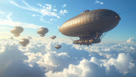 An armada of majestic steampunk airships embarks on a grand journey, soaring peacefully above a sea of clouds. The morning sun illuminates their metallic hulls, symbolizing a new era of exploration, innovation, and adventure in a retro-futuristic world.の素材