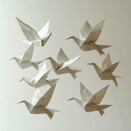 A flock of handcrafted paper birds soars together against a serene, minimalist background. This image evokes concepts of teamwork, freedom, and peaceful migration, symbolizing hope and a collective journey.の素材