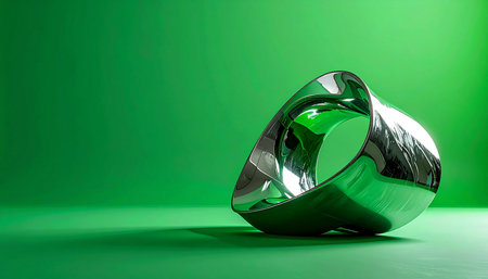 A sleek, chrome sculpture rests on a vibrant green surface, its polished form twisting in an elegant, continuous loop. The reflective metal captures and distorts the surrounding green, creating a dynamic play of light and color that evokes a sense of modern design, innovation, and fluid motion.の素材