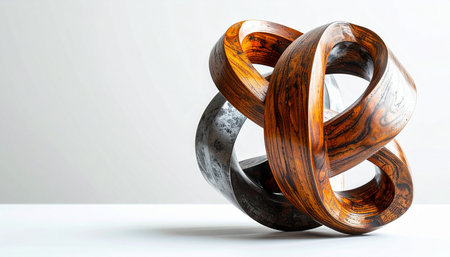 A beautifully crafted wooden sculpture showcases two interlocking forms, one of rich, warm-grained wood and the other a sleek, dark finish. The endless loop design symbolizes concepts of infinity, connection, and seamless integration, making it a perfect visual for themes of partnership, strategy, and timeless elegance.の素材