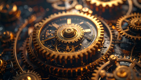 A macro view into the heart of a complex machine, where golden gears and cogs interlock with perfect precision. Each turn represents a moment in time, a testament to the intricate engineering and the unstoppable march of progress. This image symbolizes process, teamwork, and the complex systems that drive innovation forward.の素材