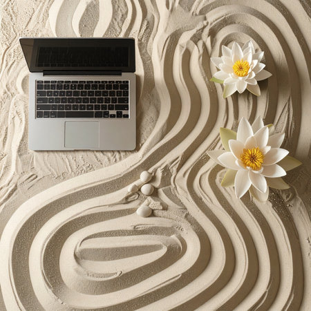 In a world of constant digital noise, this serene workspace offers a moment of clarity. A modern laptop rests in a meticulously raked zen garden, symbolizing the perfect harmony between productivity and peace. Its an invitation to find focus and tranquility in our daily work.の素材
