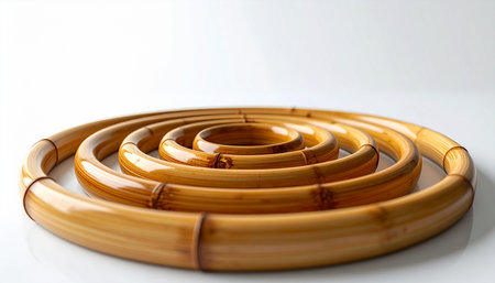 A smooth, continuous spiral of natural bamboo creates a sense of calm and harmony. This minimalist object represents growth, continuity, and the simple beauty found in organic forms, isolated on a clean white background.の素材