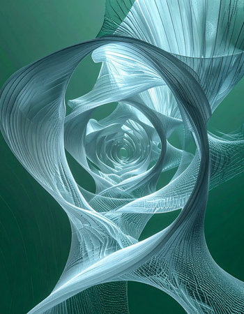 A mesmerizing digital vortex of swirling teal filaments pulls the viewer into a futuristic tunnel of light and data. This abstract structure represents the complex flow of information, the interconnectedness of modern networks, and the infinite possibilities of technology.の素材