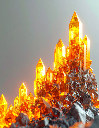 A stunning macro view of a vibrant citrine crystal geode, its fiery orange and yellow spires glowing with an inner light. This geological marvel evokes a sense of raw energy, hidden treasure, and mystical power, perfect for themes of fantasy, science, and natural beauty.の素材