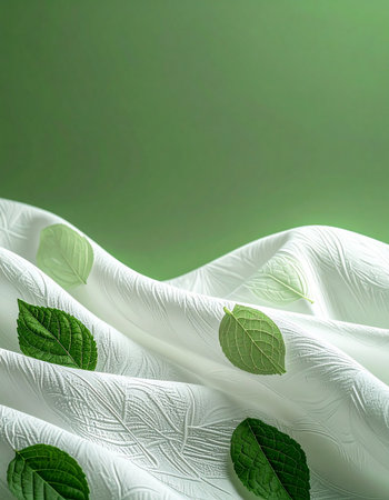 A gentle drape of soft, white fabric featuring a fresh green leaf pattern rests against a serene green background. This image evokes a sense of calm, nature, and sustainable living, perfect for eco-conscious branding or wellness concepts.の素材