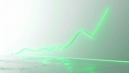 A luminous green line charts a path of steady growth, reflecting its success on a sleek, modern surface. This visual represents positive financial trends, market gains, and the upward trajectory of a successful business strategy.の素材