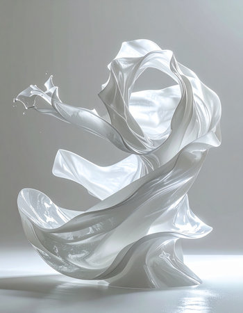 A swirl of pure white silk is frozen in a moment of elegant dance, its soft folds and graceful curves catching the light. This abstract form evokes a sense of ethereal movement and clean, modern sophistication, representing concepts of flow, freedom, and pure energy.の素材