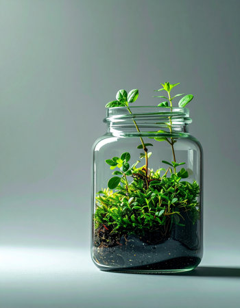 A miniature world thrives within a simple glass jar, showcasing the beauty of a self-sustaining ecosystem. Tiny green sprouts reach for the light, representing new life, growth, and the delicate balance of nature.の素材